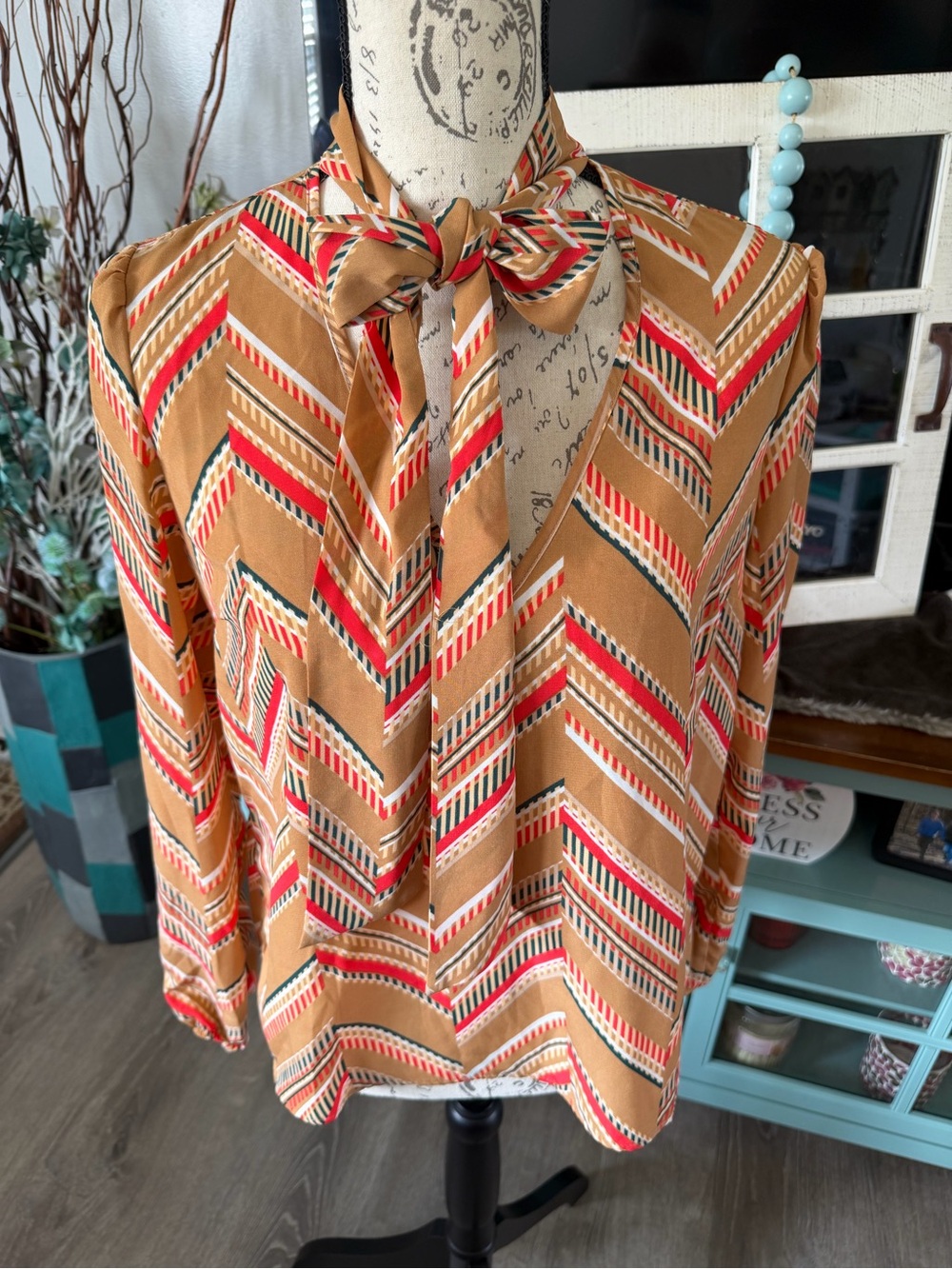 Forever 21 Camel Chevron Bow-Tie Blouse with Red & Cream Accents Small